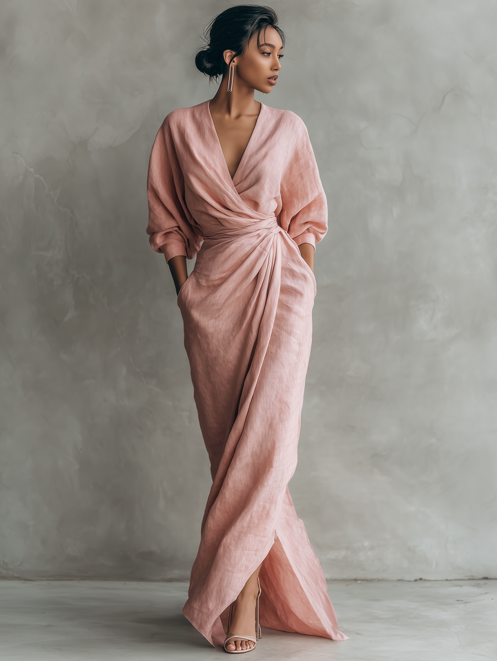 Aroha™ | Minimalist V-neck Linen Blend Maxi Dress