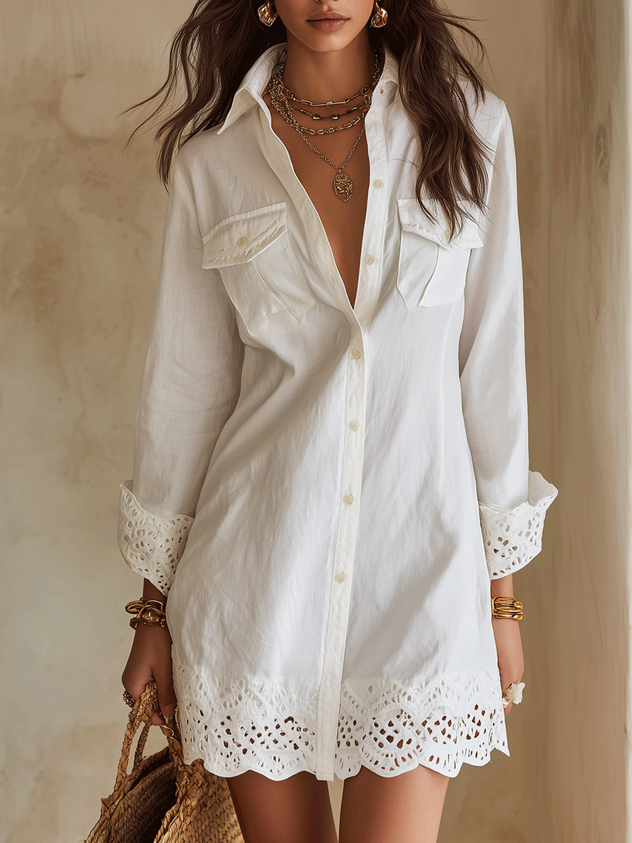 Celine™ | Bohemian Eyelet Hem Resort White Shirt Midi Dress