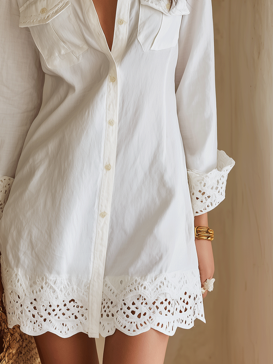 Celine™ | Bohemian Eyelet Hem Resort White Shirt Midi Dress