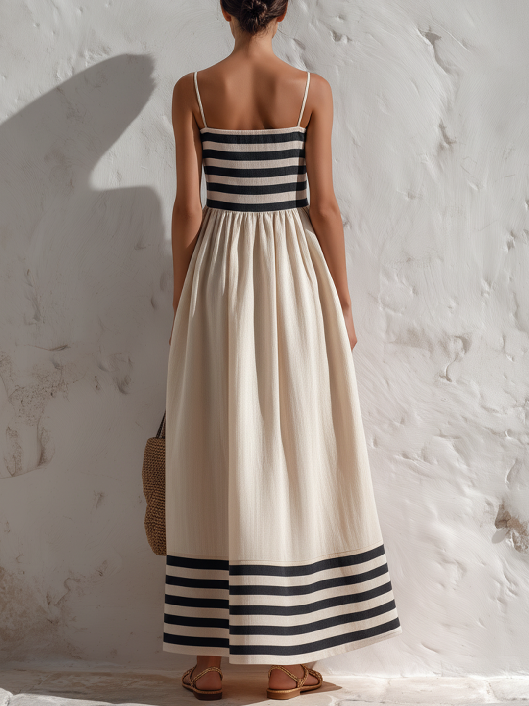 ORTENSIA | LONG BLACK AND BEIGE STRIPED DRESS WITH THIN STRAPS
