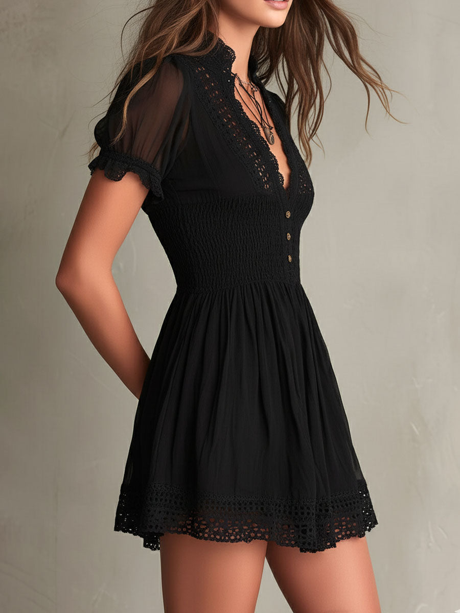 Natalie™ | Classic Muse Smocked Lace-Trim Black Midi Dress