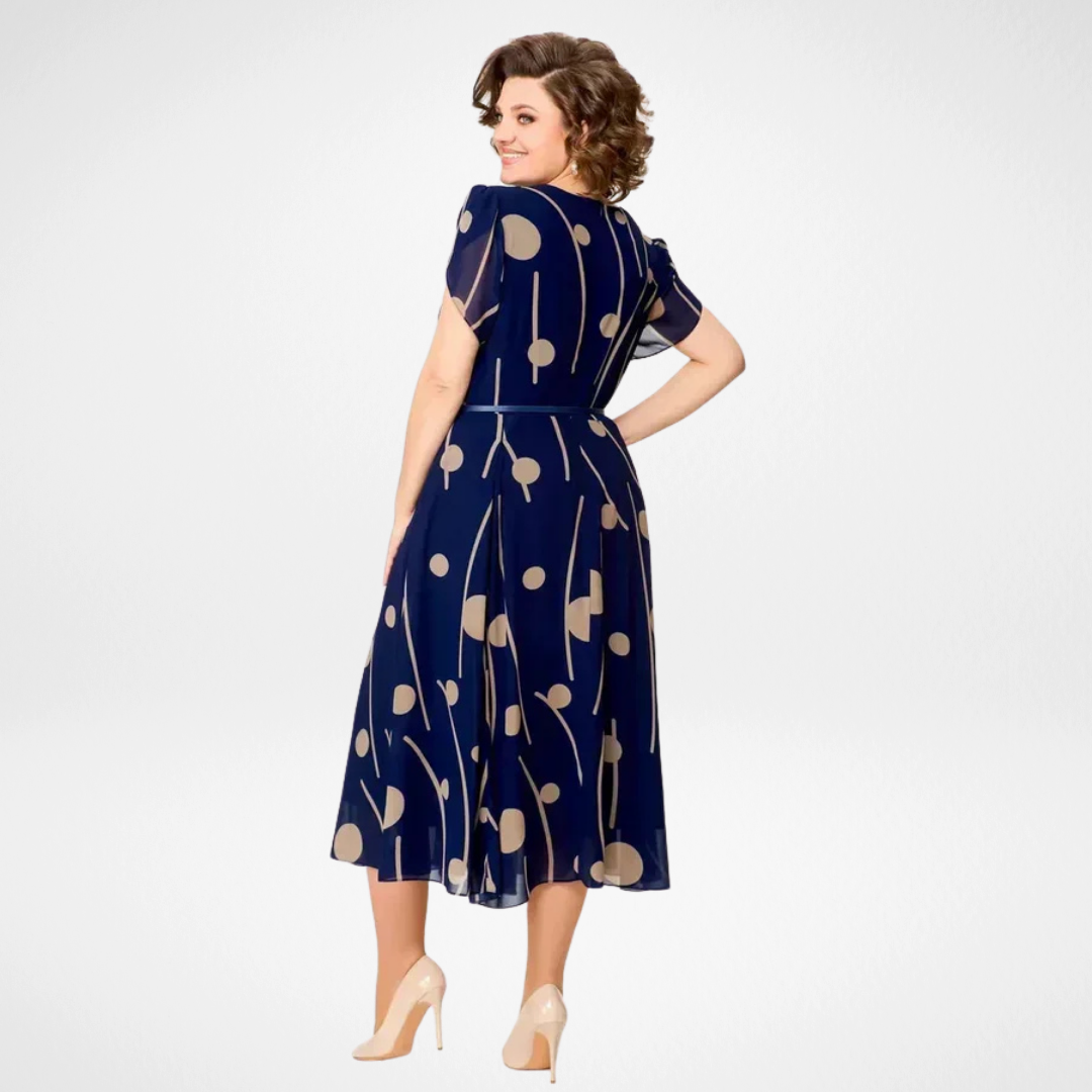 Ivy | Navy Polka Dot Print Chiffon Midi Dress