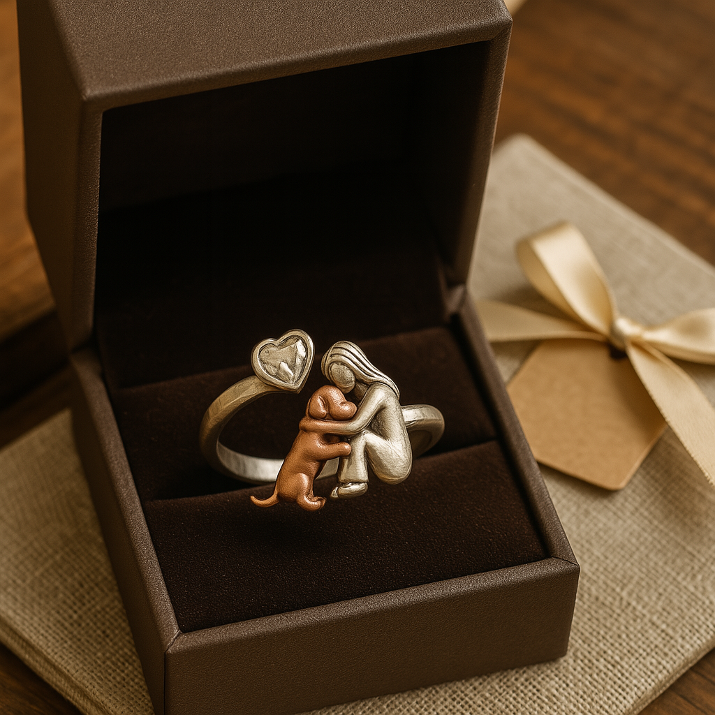 Handcrafted Silver Dog Ring with Heart-Shaped Zirconia – Adjustable Fit