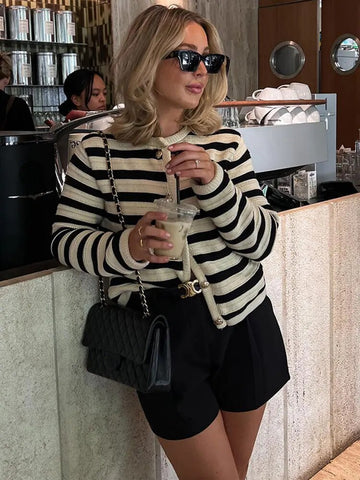 Zayla™ Gold Button Striped Cardigan