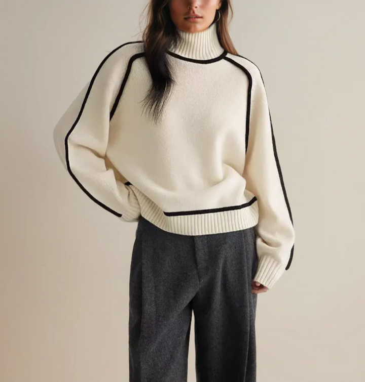 Ivory™ | Contrast Trim Turtleneck Knit Sweater