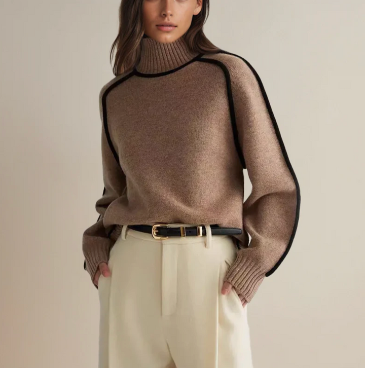Ivory™ | Contrast Trim Turtleneck Knit Sweater