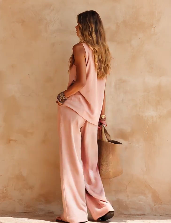 Emily | Pink One-shoulder Sleeveless Top And Trousers Casual Set