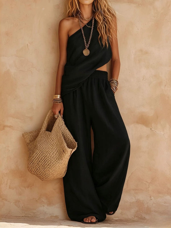 Emily | Pink One-shoulder Sleeveless Top And Trousers Casual Set