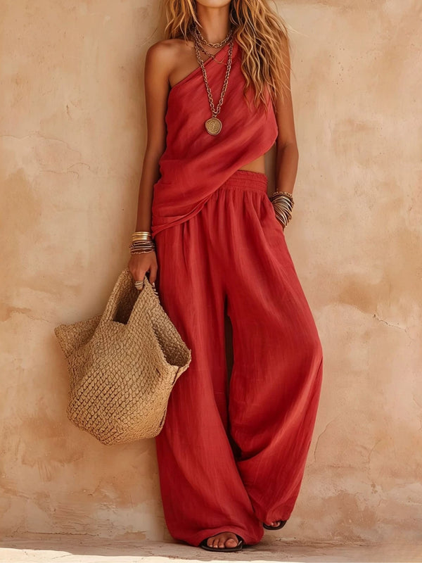 Emily | Pink One-shoulder Sleeveless Top And Trousers Casual Set