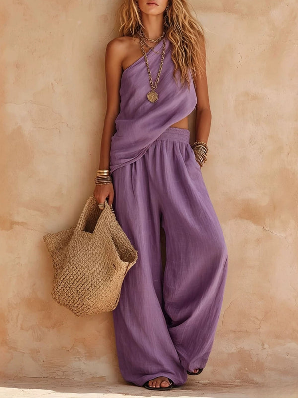 Emily | Pink One-shoulder Sleeveless Top And Trousers Casual Set