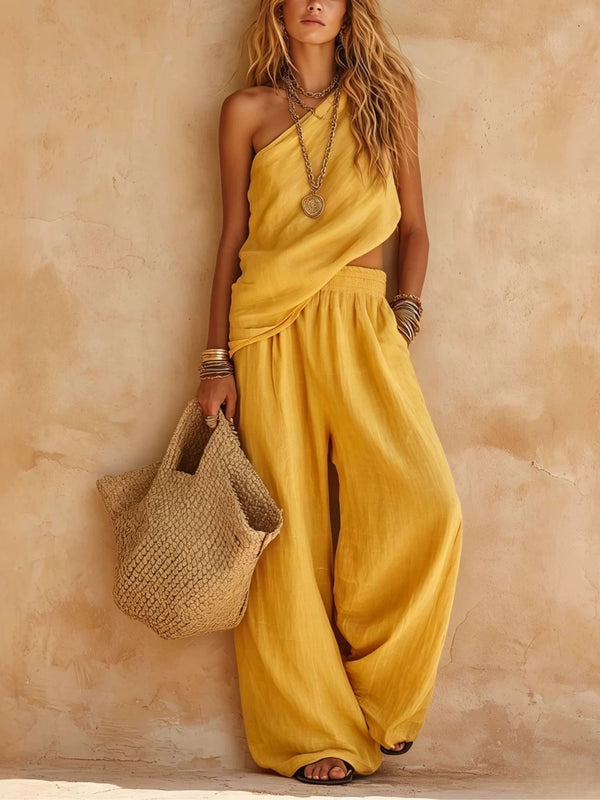 Emily | Pink One-shoulder Sleeveless Top And Trousers Casual Set