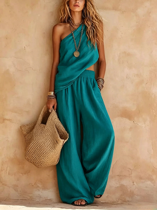 Emily | Pink One-shoulder Sleeveless Top And Trousers Casual Set
